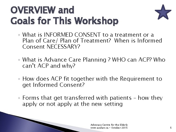 OVERVIEW and Goals for This Workshop ◦ What is INFORMED CONSENT to a treatment