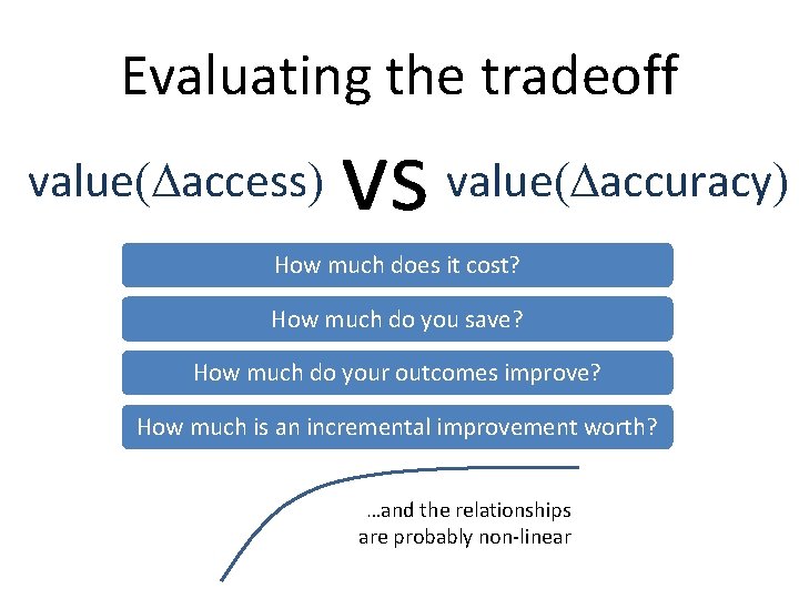 Evaluating the tradeoff value(Daccess) vs value(Daccuracy) How much does it cost? How much do