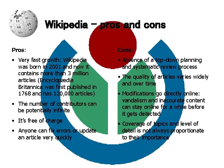 Wikipedia – pros and cons Pros: Cons: • Very fast growth: Wikipedia was born