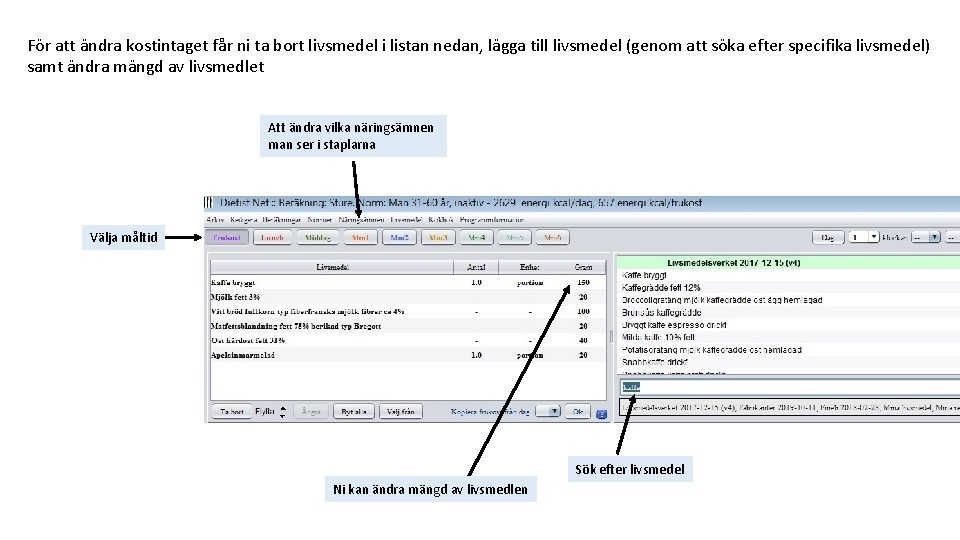 För att ändra kostintaget får ni ta bort livsmedel i listan nedan, lägga till