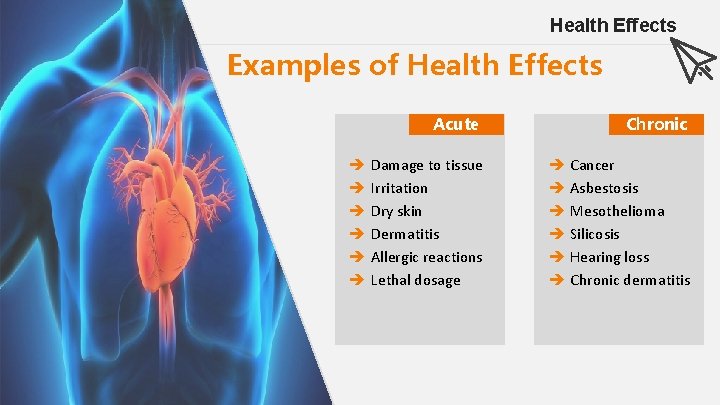 Health Effects Examples of Health Effects Acute Chronic è Damage to tissue è Irritation