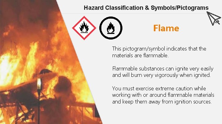 Hazard Classification & Symbols/Pictograms Flame This pictogram/symbol indicates that the materials are flammable. Flammable