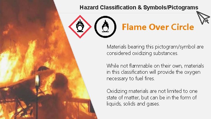 Hazard Classification & Symbols/Pictograms Flame Over Circle Materials bearing this pictogram/symbol are considered oxidizing