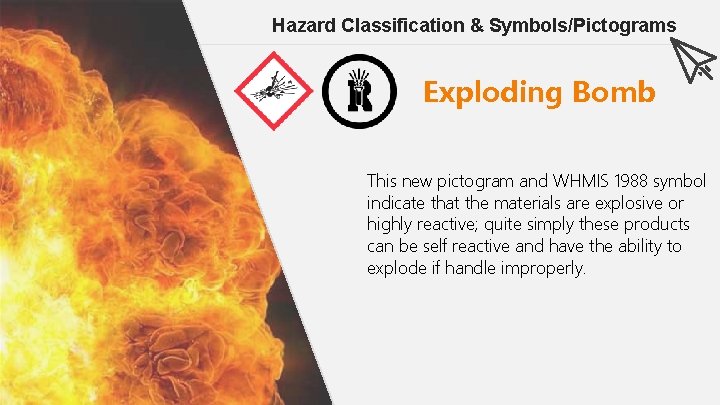 Hazard Classification & Symbols/Pictograms Exploding Bomb This new pictogram and WHMIS 1988 symbol indicate