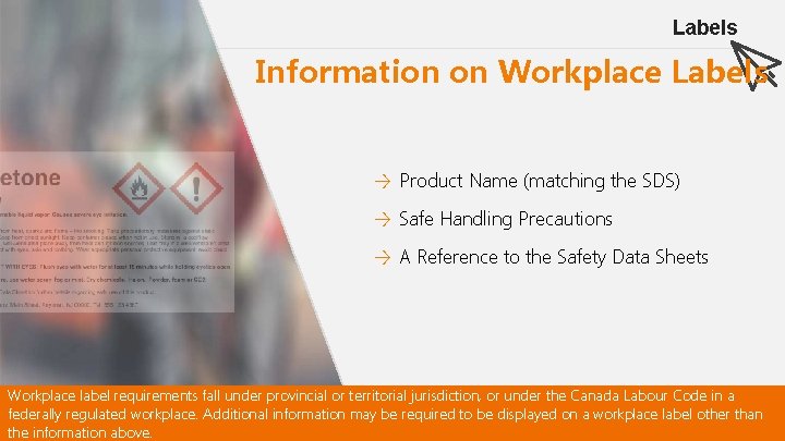 Labels Information on Workplace Labels → Product Name (matching the SDS) → Safe Handling