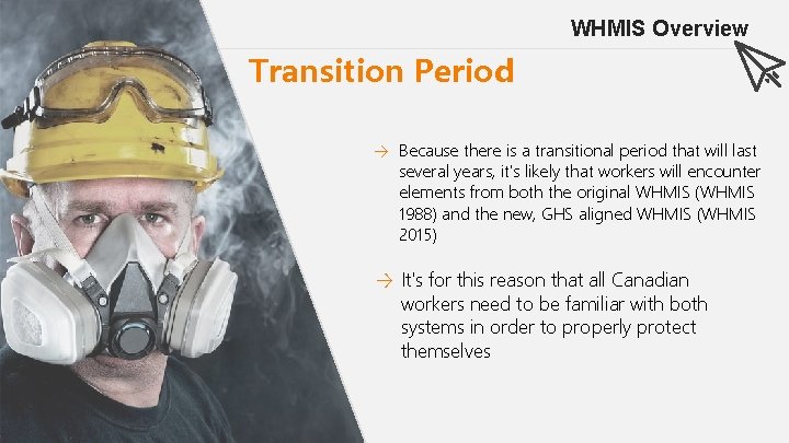 WHMIS Overview Transition Period → Because there is a transitional period that will last