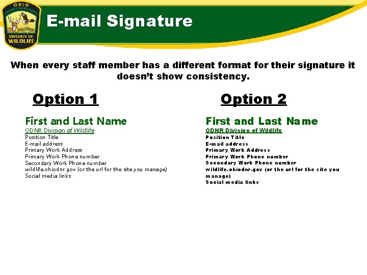 E-mail Signature When every staff member has a different format for their signature it