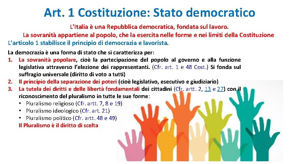 Art. 1 Costituzione: Stato democratico L'Italia è una Repubblica democratica, fondata sul lavoro. La