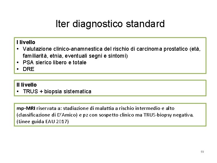 Iter diagnostico standard I livello • Valutazione clinico-anamnestica del rischio di carcinoma prostatico (età,