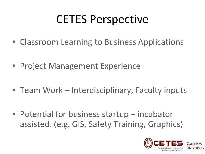 CETES Perspective • Classroom Learning to Business Applications • Project Management Experience • Team