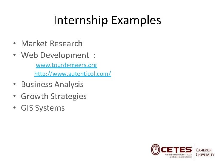 Internship Examples • Market Research • Web Development : www. tourdemeers. org http: //www.
