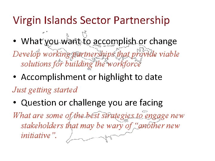 Virgin Islands Sector Partnership • What you want to accomplish or change Develop working