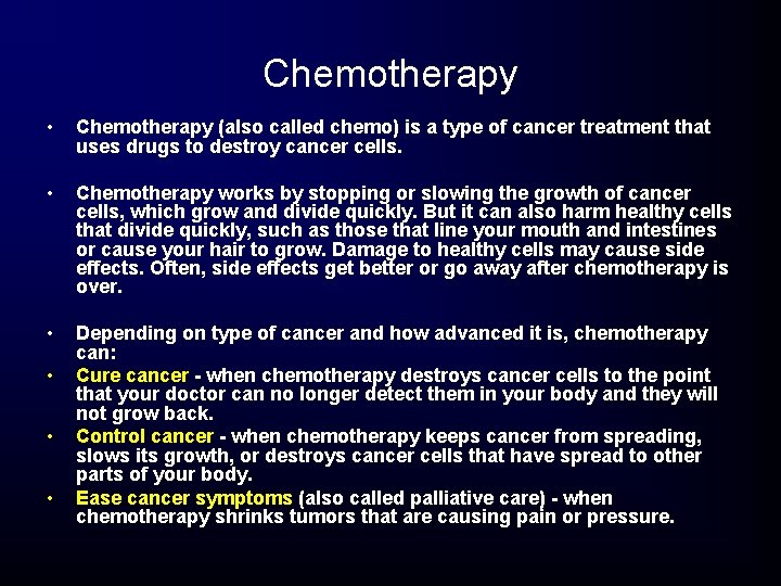 Chemotherapy • Chemotherapy (also called chemo) is a type of cancer treatment that uses Chemotherapy • Chemotherapy (also called chemo) is a type of cancer treatment that uses