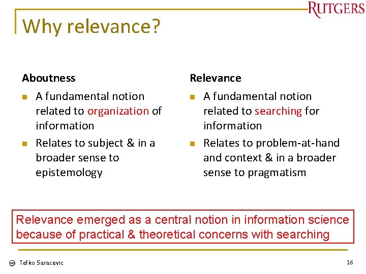 Why relevance? Aboutness n n A fundamental notion related to organization of information Relates