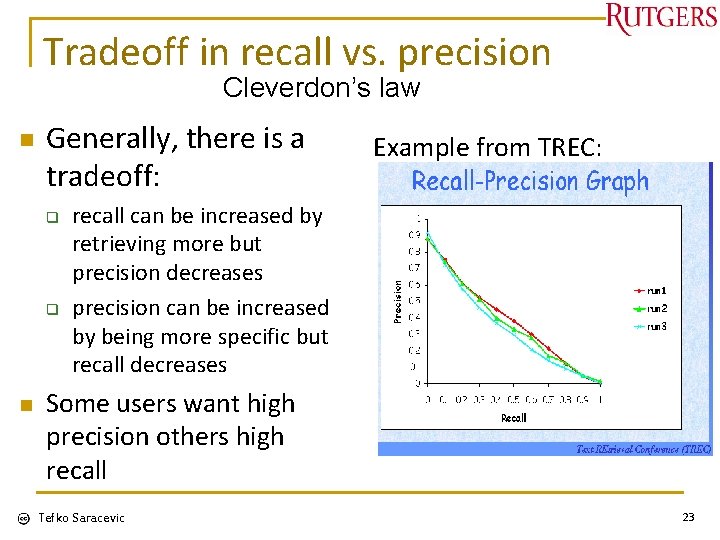 Tradeoff in recall vs. precision Cleverdon’s law n Generally, there is a tradeoff: q