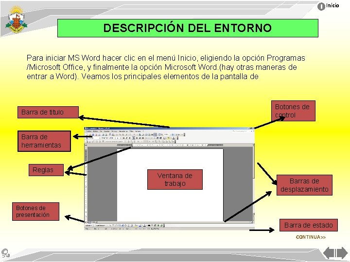 CONOCIENDO EL ENTORNO DE MS WORD Presentacin Contenido