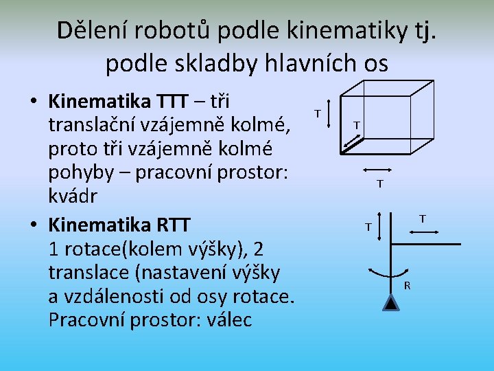 Dělení robotů podle kinematiky tj. podle skladby hlavních os • Kinematika TTT – tři