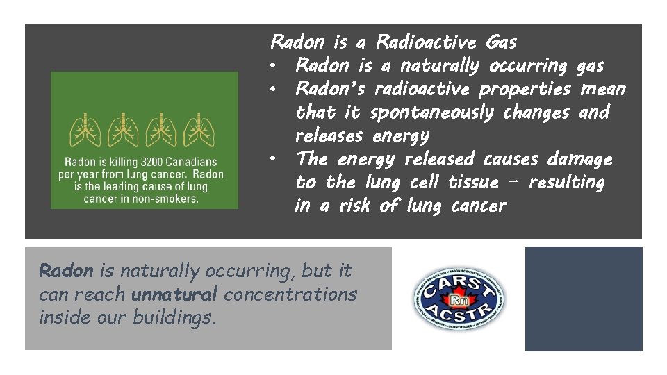Canadian Association of Radon Scientists and Technologists Helping Canadians Reduce Radon Risk Radon is