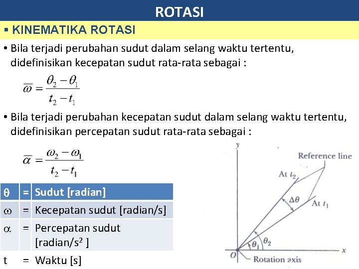 ROTASI § KINEMATIKA ROTASI • Bila terjadi perubahan sudut dalam selang waktu tertentu, didefinisikan