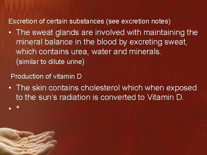 Excretion of certain substances (see excretion notes) • The sweat glands are involved with
