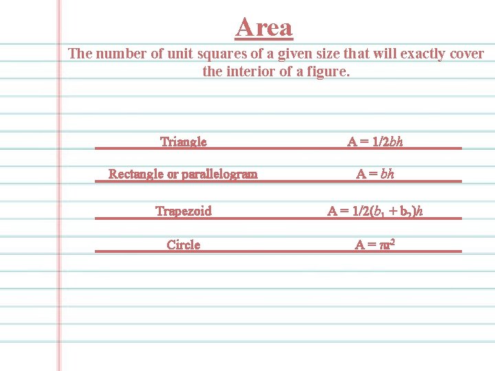 Area The number of unit squares of a given size that will exactly cover