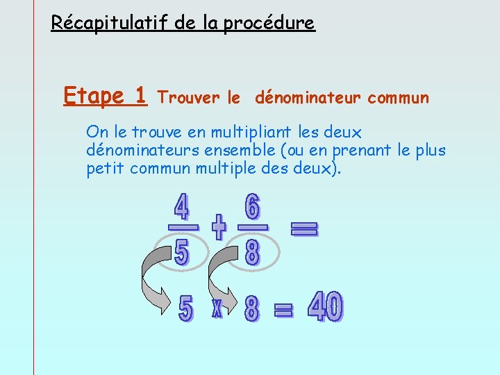 Récapitulatif de la procédure Etape 1 Trouver le dénominateur commun On le trouve en