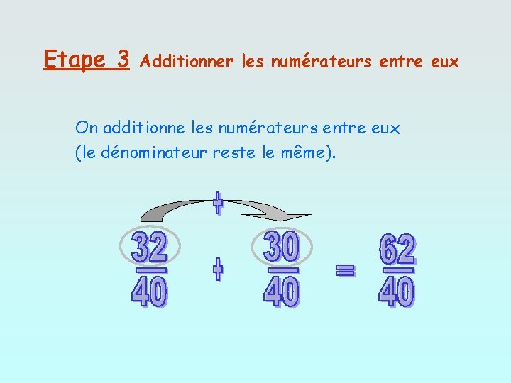 Etape 3 Additionner les numérateurs entre eux On additionne les numérateurs entre eux (le