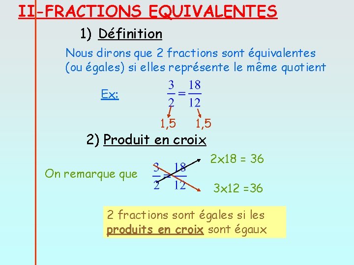 II-FRACTIONS EQUIVALENTES 1) Définition Nous dirons que 2 fractions sont équivalentes (ou égales) si