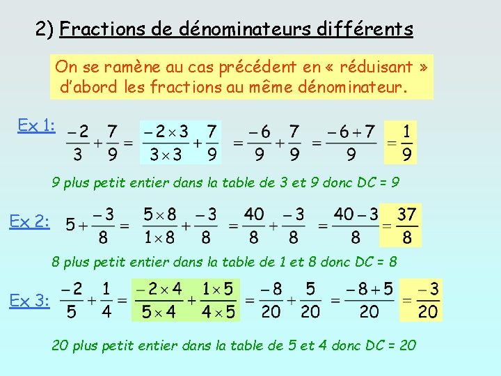 2) Fractions de dénominateurs différents On se ramène au cas précédent en « réduisant