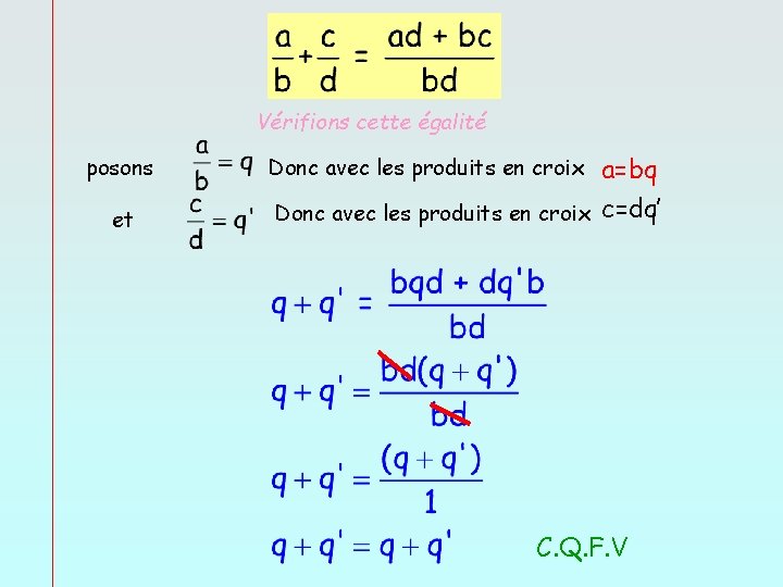 Vérifions cette égalité posons et a=bq Donc avec les produits en croix c=dq’ Donc