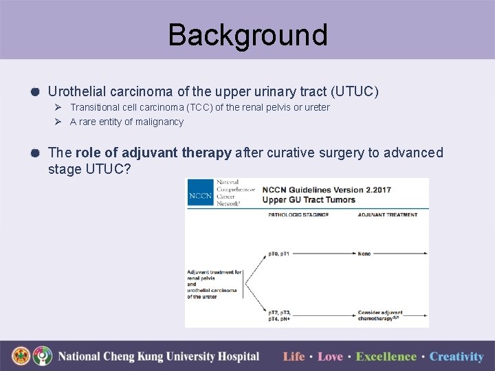 Background Urothelial carcinoma of the upper urinary tract (UTUC) Ø Transitional cell carcinoma (TCC)