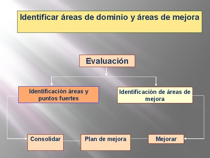 Identificar áreas de dominio y áreas de mejora Evaluación Identificación áreas y puntos fuertes