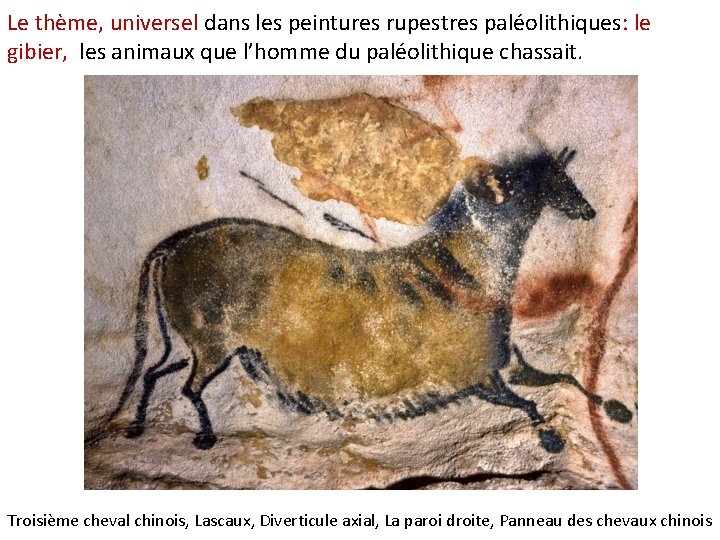 Le thème, universel dans les peintures rupestres paléolithiques: le gibier, les animaux que l’homme