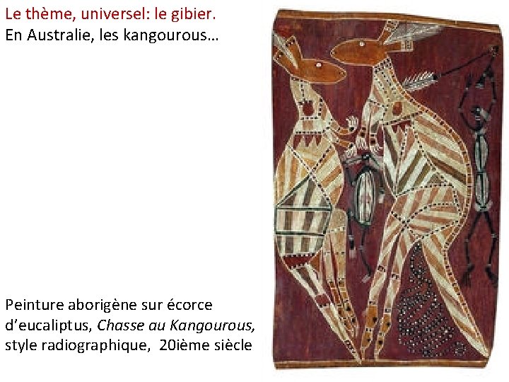 Le thème, universel: le gibier. En Australie, les kangourous… Peinture aborigène sur écorce d’eucaliptus,