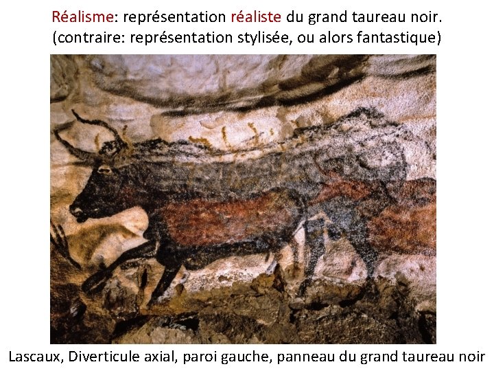 Réalisme: représentation réaliste du grand taureau noir. (contraire: représentation stylisée, ou alors fantastique) Lascaux,