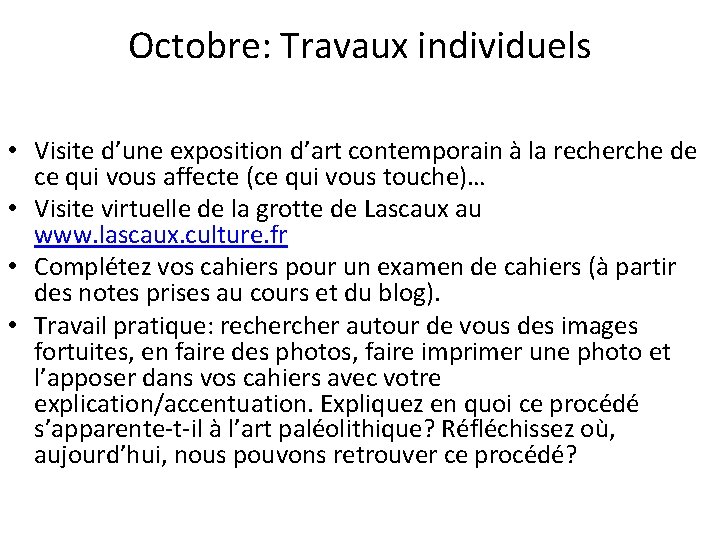 Octobre: Travaux individuels • Visite d’une exposition d’art contemporain à la recherche de ce