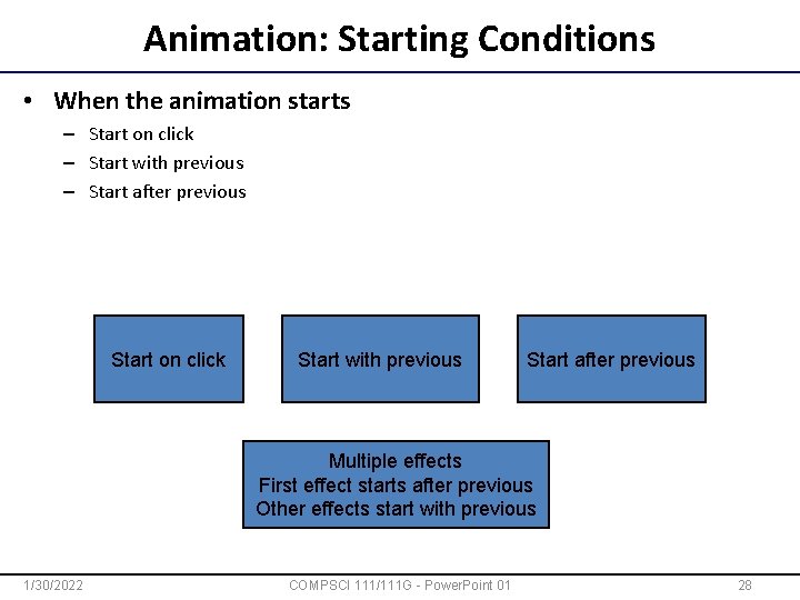 Animation: Starting Conditions • When the animation starts – Start on click – Start