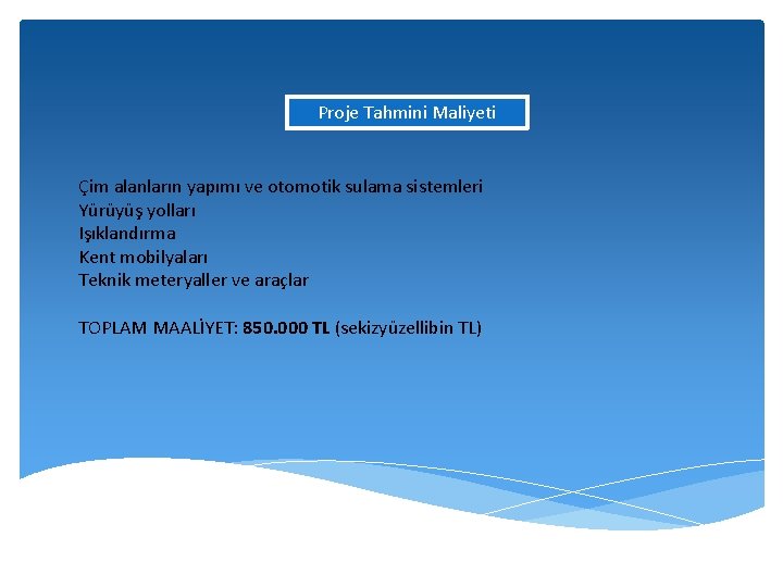 Proje Tahmini Maliyeti Çim alanların yapımı ve otomotik sulama sistemleri Yürüyüş yolları Işıklandırma Kent