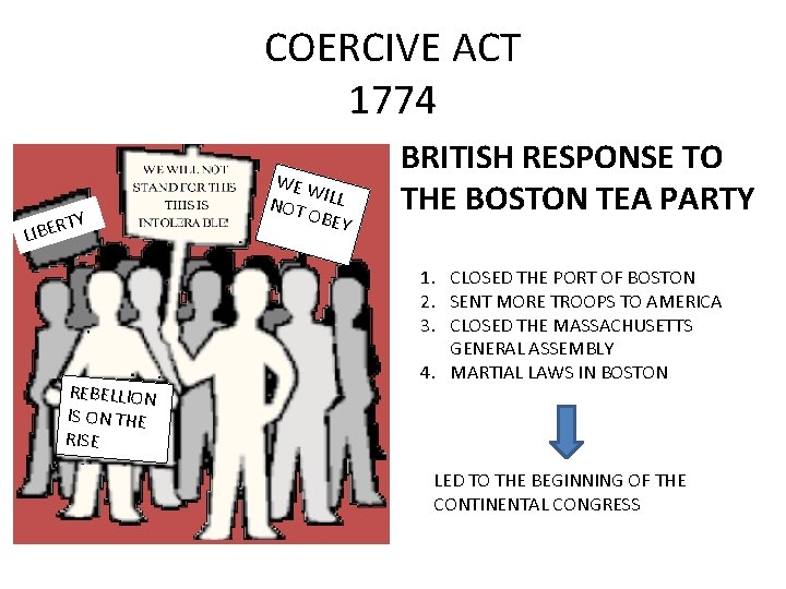COERCIVE ACT 1774 RTY E B I L REBELLION IS ON THE RISE WE