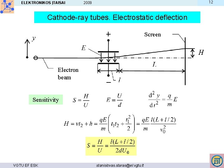 ELEKTRONIKOS ĮTAISAI 12 2009 Cathode-ray tubes. Electrostatic deflection Screen Electron beam Sensitivity VGTU EF