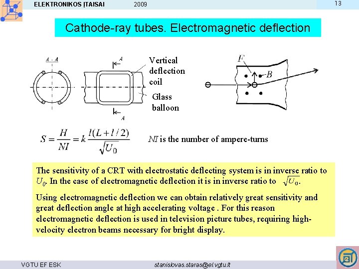 ELEKTRONIKOS ĮTAISAI 13 2009 Cathode-ray tubes. Electromagnetic deflection Vertical deflection coil Glass balloon NI