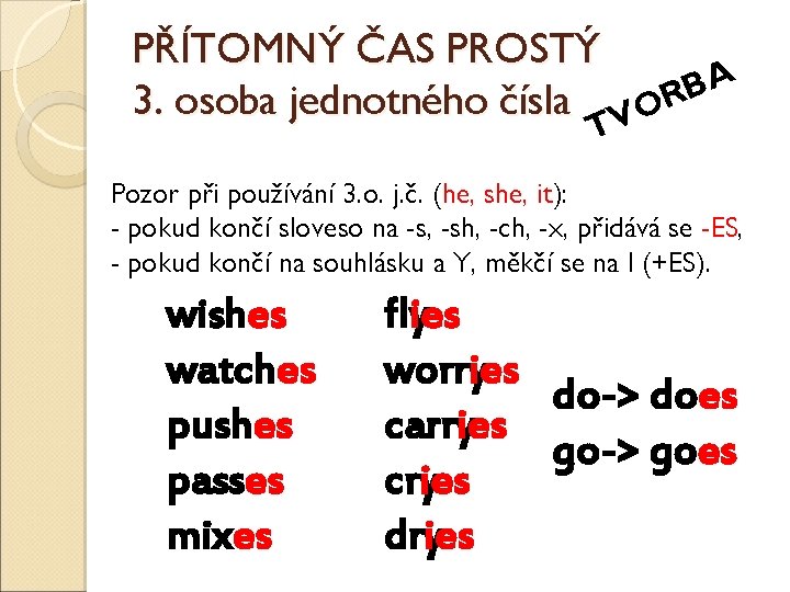 PŘÍTOMNÝ ČAS PROSTÝ A B 3. osoba jednotného čísla VOR T Pozor při používání