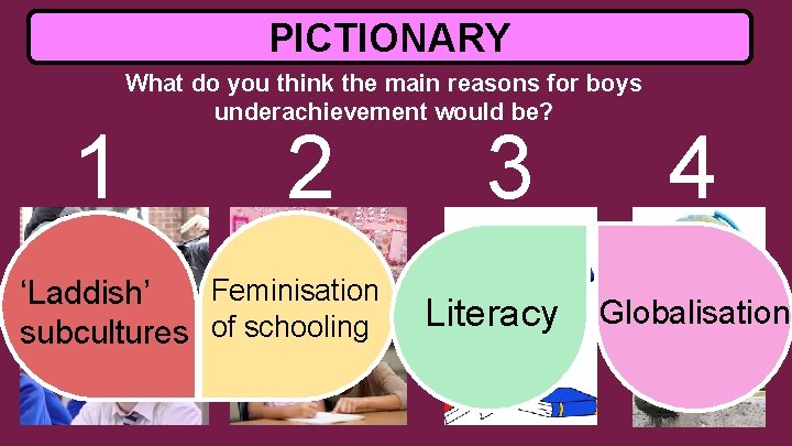 PICTIONARY 1 What do you think the main reasons for boys underachievement would be?