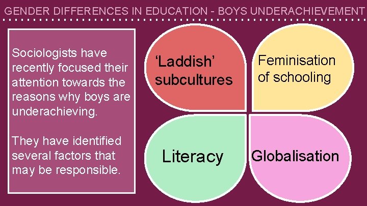 GENDER DIFFERENCES IN EDUCATION - BOYS UNDERACHIEVEMENT Sociologists have recently focused their attention towards