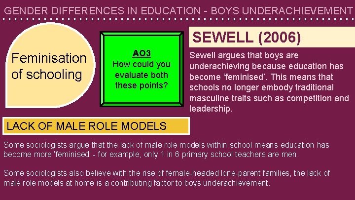 GENDER DIFFERENCES IN EDUCATION - BOYS UNDERACHIEVEMENT SEWELL (2006) Feminisation of schooling AO 3