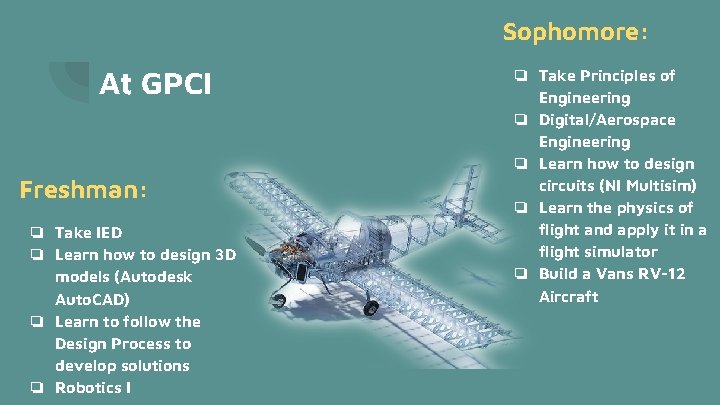 Sophomore: At GPCI Freshman: ❏ Take IED ❏ Learn how to design 3 D