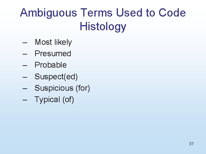 Ambiguous Terms Used to Code Histology – – – Most likely Presumed Probable Suspect(ed)