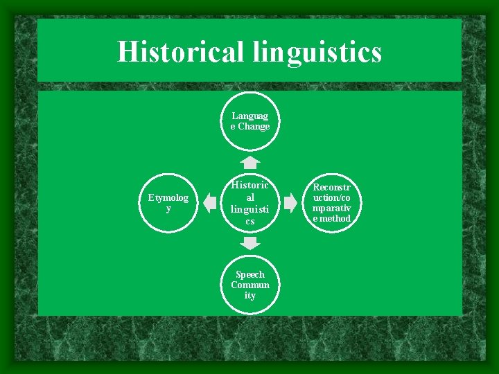 Historical linguistics Languag e Change Etymolog y Historic al linguisti cs Speech Commun ity