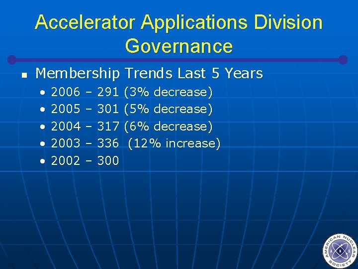 Accelerator Applications Division Governance n Membership Trends Last 5 Years • • • 2006