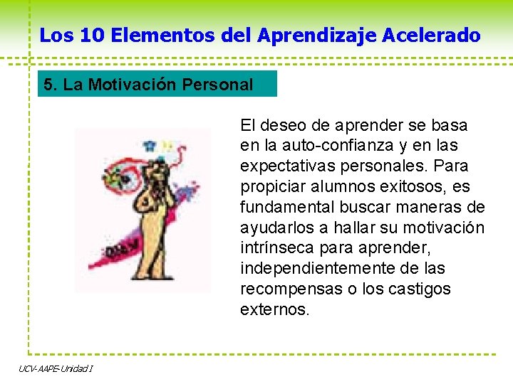 Los 10 Elementos del Aprendizaje Acelerado 5. La Motivación Personal El deseo de aprender Los 10 Elementos del Aprendizaje Acelerado 5. La Motivación Personal El deseo de aprender